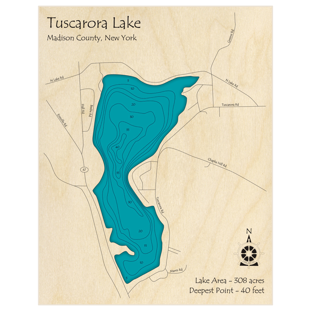 Bathymetric topo map of Tuscarora Lake with roads, towns and depths noted in blue water