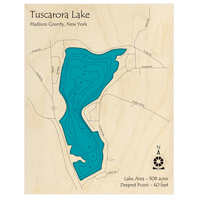 Bathymetric topo map of Tuscarora Lake with roads, towns and depths noted in blue water