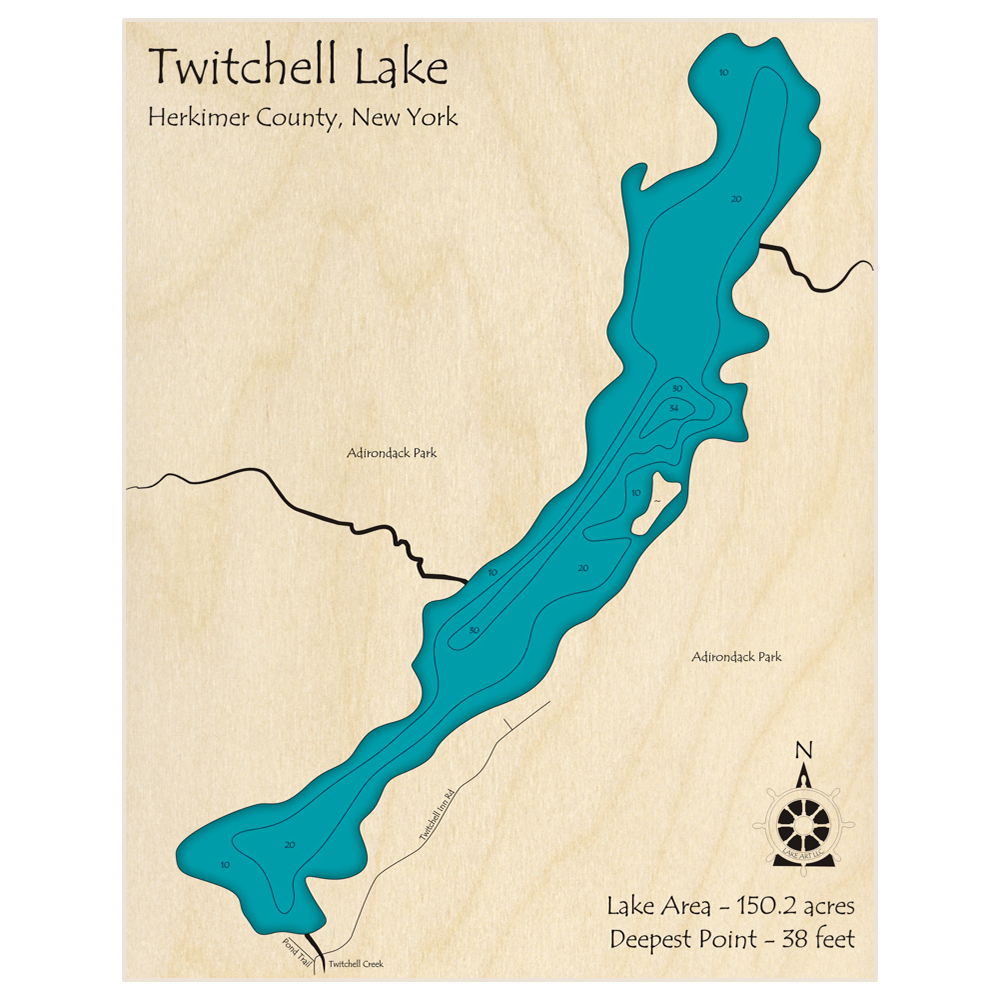 Bathymetric topo map of Twitchell Lake with roads, towns and depths noted in blue water