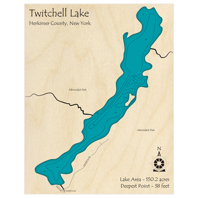 Bathymetric topo map of Twitchell Lake with roads, towns and depths noted in blue water