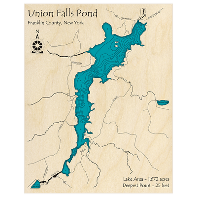 Bathymetric topo map of Union Falls Pond with roads, towns and depths noted in blue water