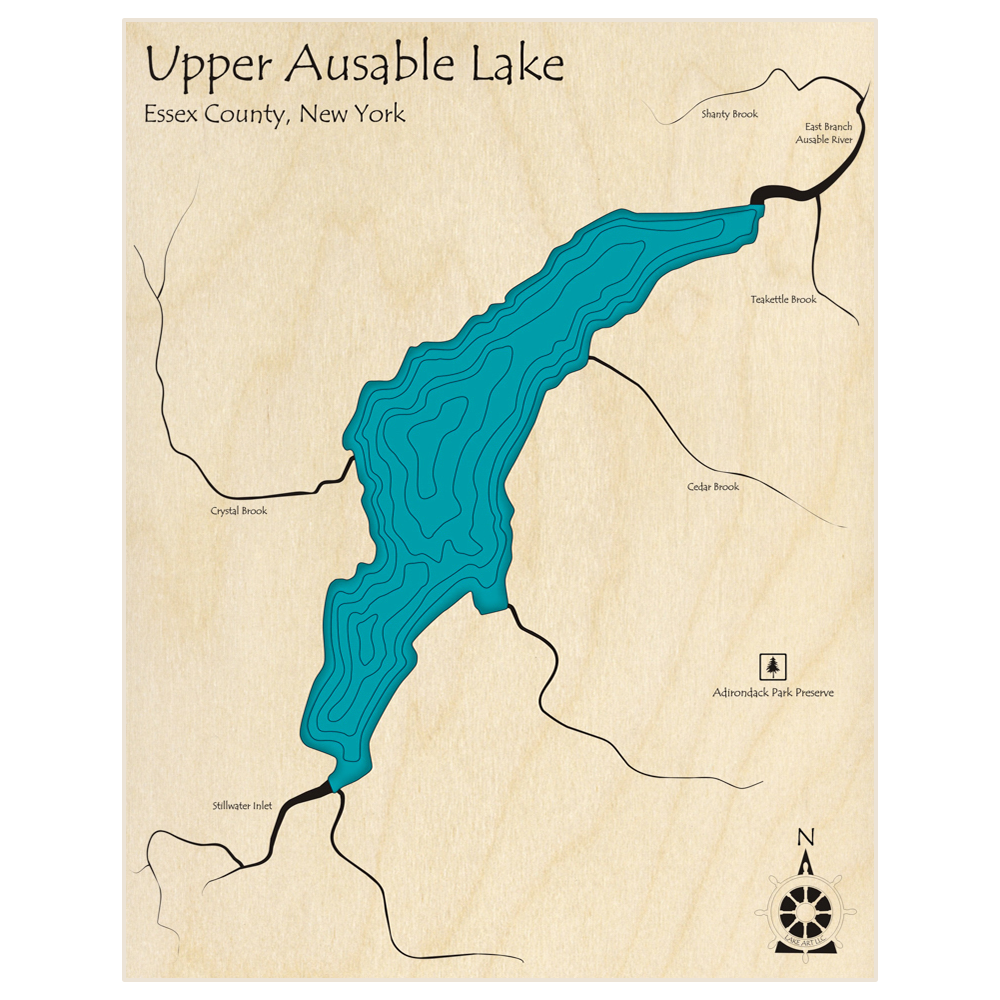 Bathymetric topo map of Upper Ausable Lake  with roads, towns and depths noted in blue water