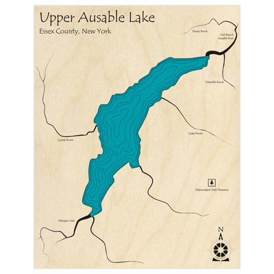 Bathymetric topo map of Upper Ausable Lake  with roads, towns and depths noted in blue water