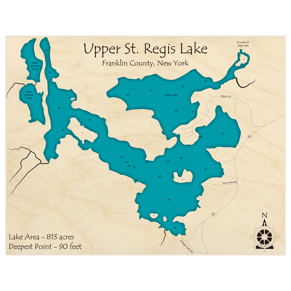 Bathymetric topo map of Saint Regis Lake (Upper) with roads, towns and depths noted in blue water