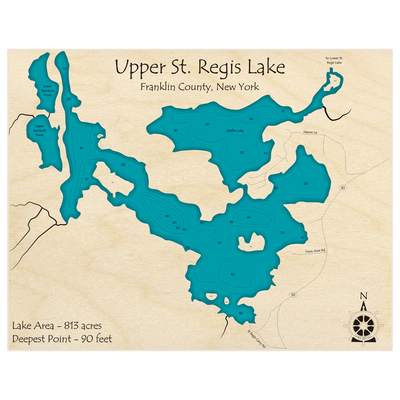 Bathymetric topo map of Saint Regis Lake (Upper) with roads, towns and depths noted in blue water