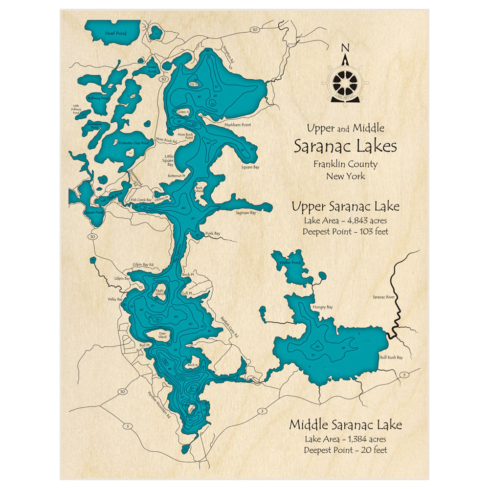 Bathymetric topo map of Saranac Lake (Upper and Middle) with roads, towns and depths noted in blue water