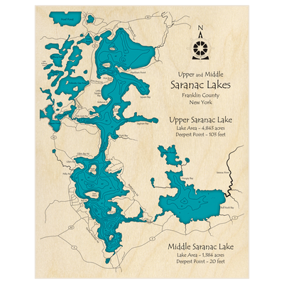 Bathymetric topo map of Saranac Lake (Upper and Middle) with roads, towns and depths noted in blue water