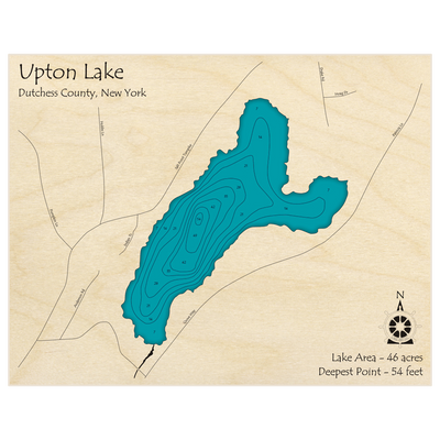 Bathymetric topo map of Upton Lake with roads, towns and depths noted in blue water