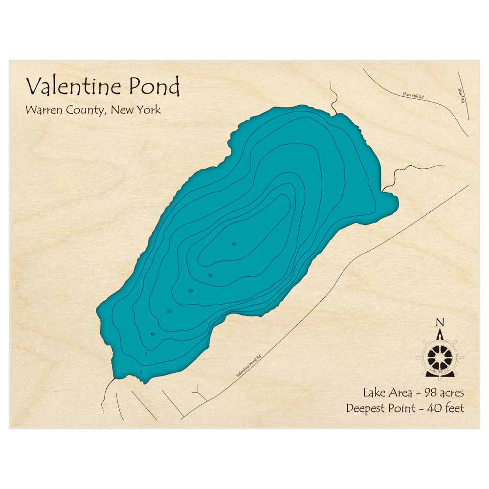 Bathymetric topo map of Valentine Pond with roads, towns and depths noted in blue water