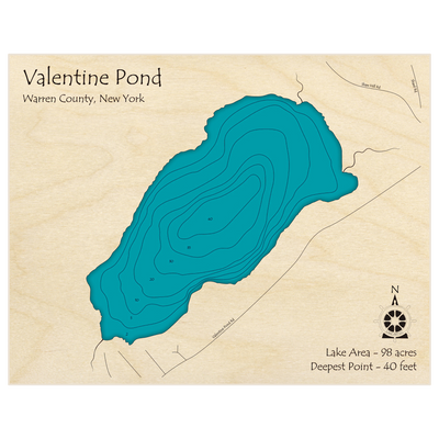 Bathymetric topo map of Valentine Pond with roads, towns and depths noted in blue water