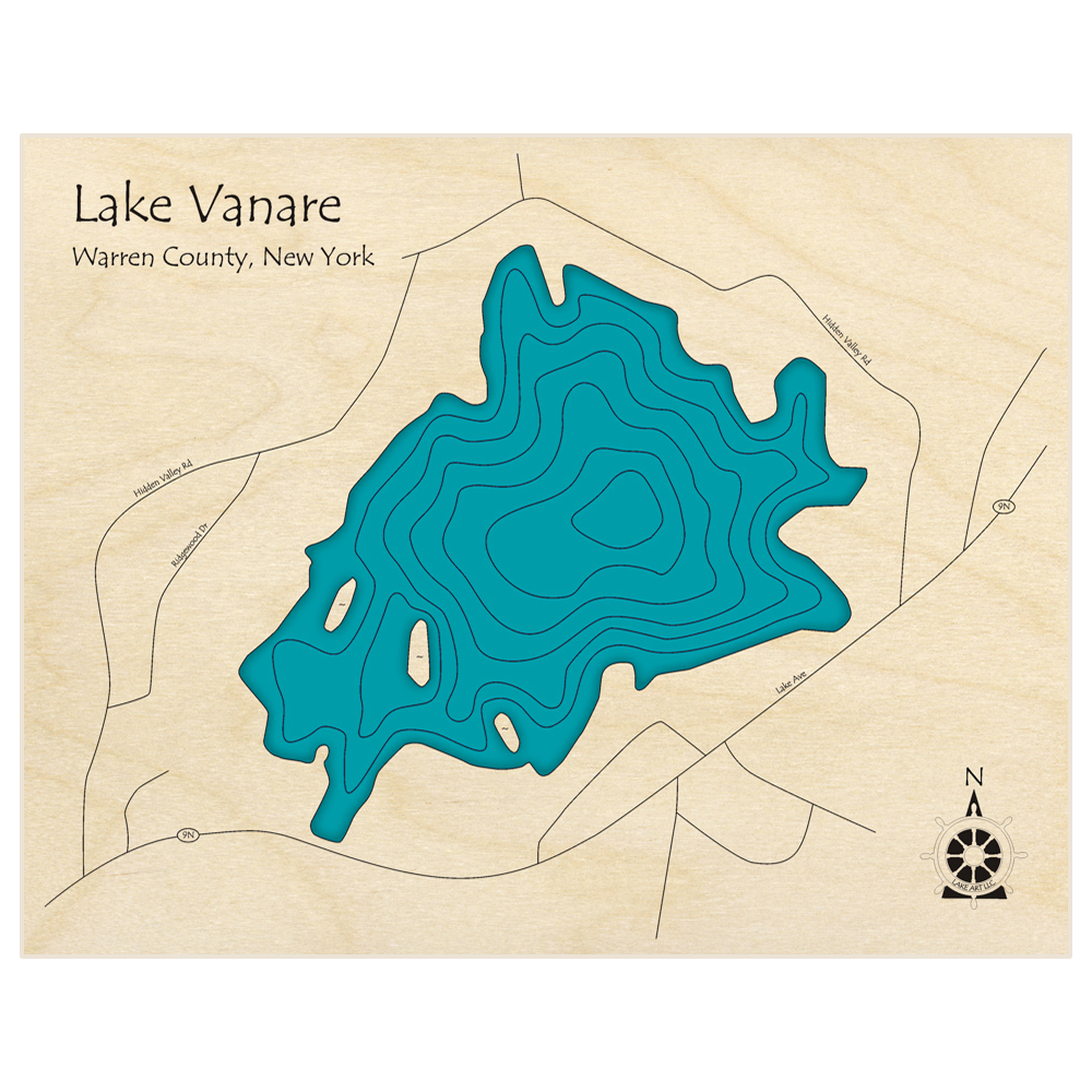 Bathymetric topo map of Lake Vanare  with roads, towns and depths noted in blue water