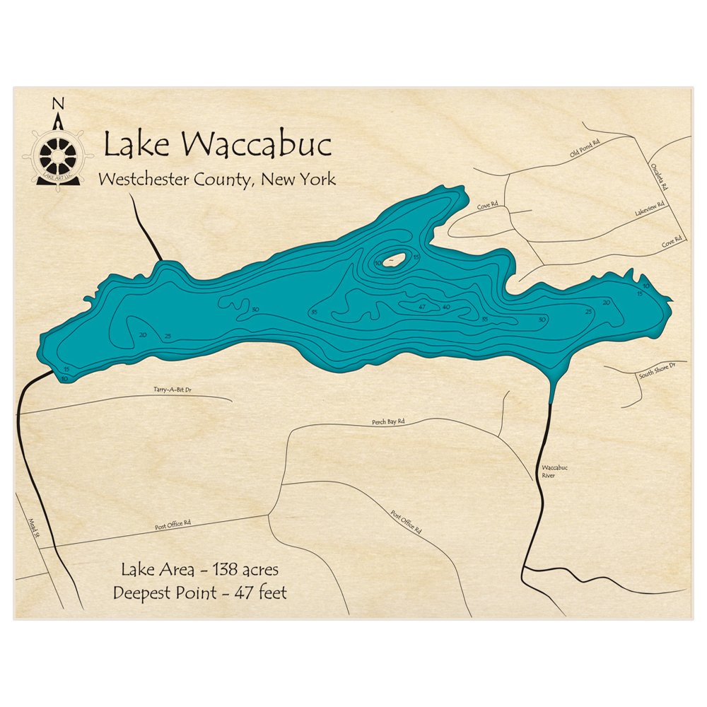 Bathymetric topo map of Lake Waccabuc with roads, towns and depths noted in blue water