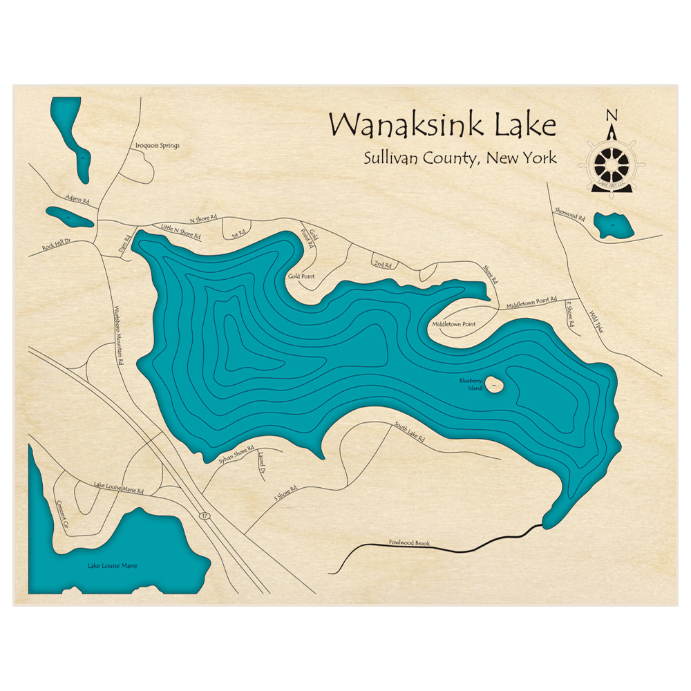 Bathymetric topo map of Wanaksink Lake  with roads, towns and depths noted in blue water