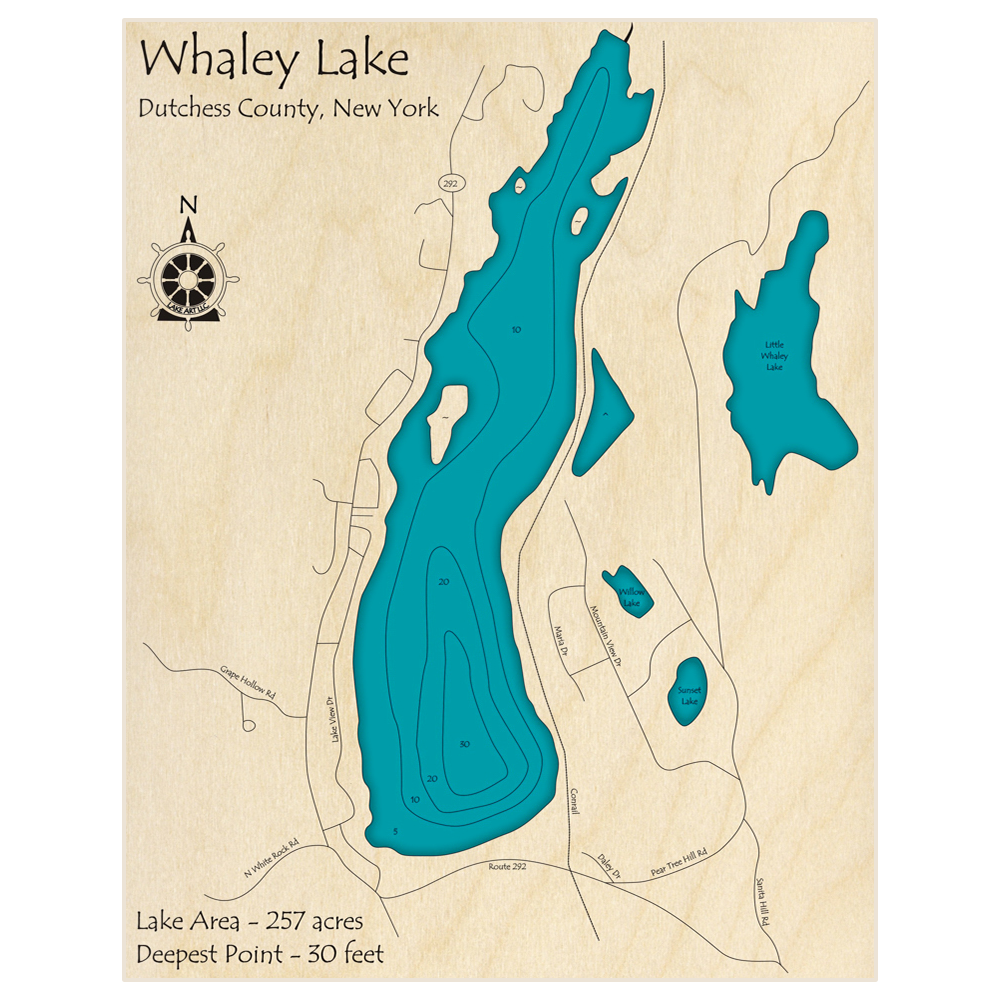 Bathymetric topo map of Whaley Lake with roads, towns and depths noted in blue water