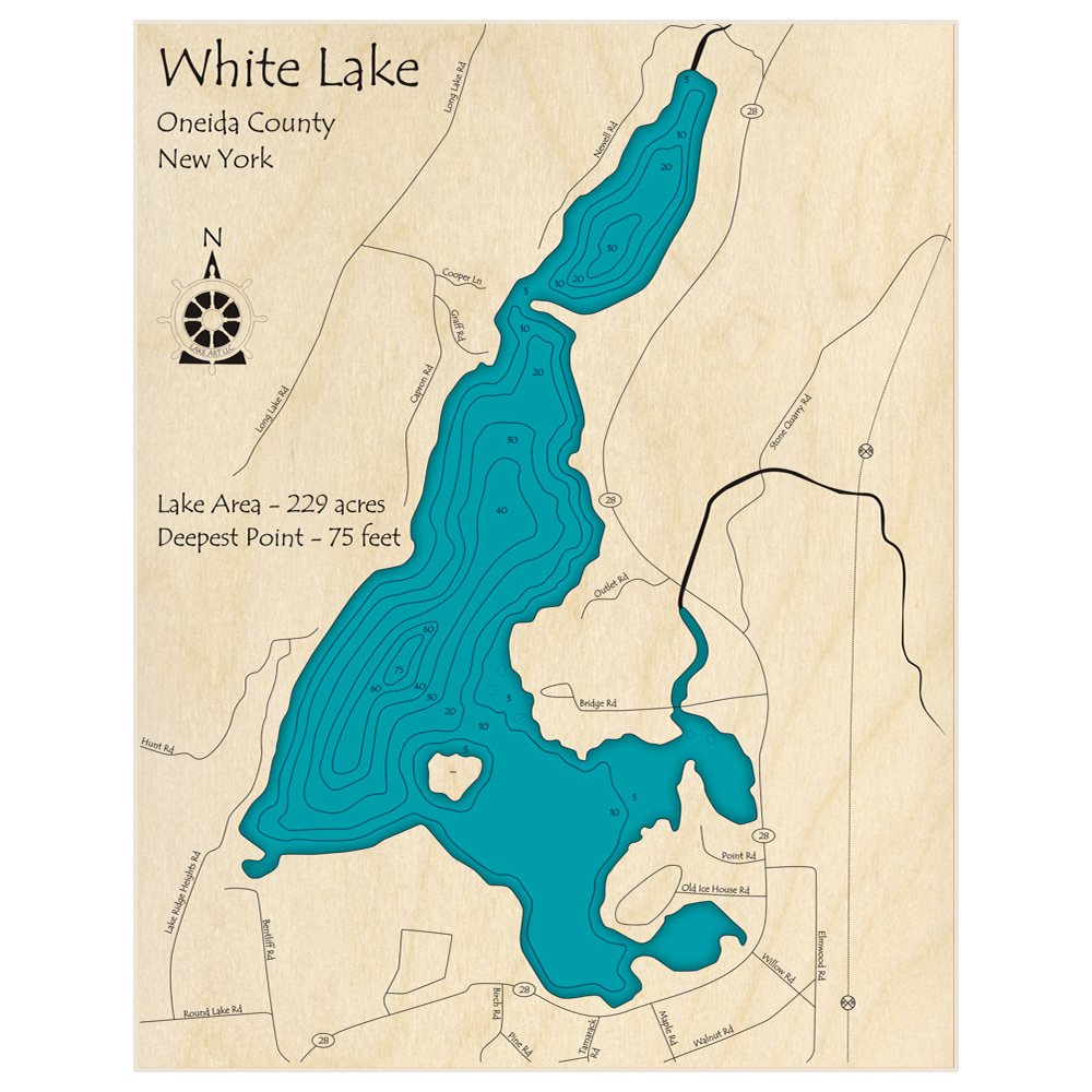 Bathymetric topo map of White Lake with roads, towns and depths noted in blue water