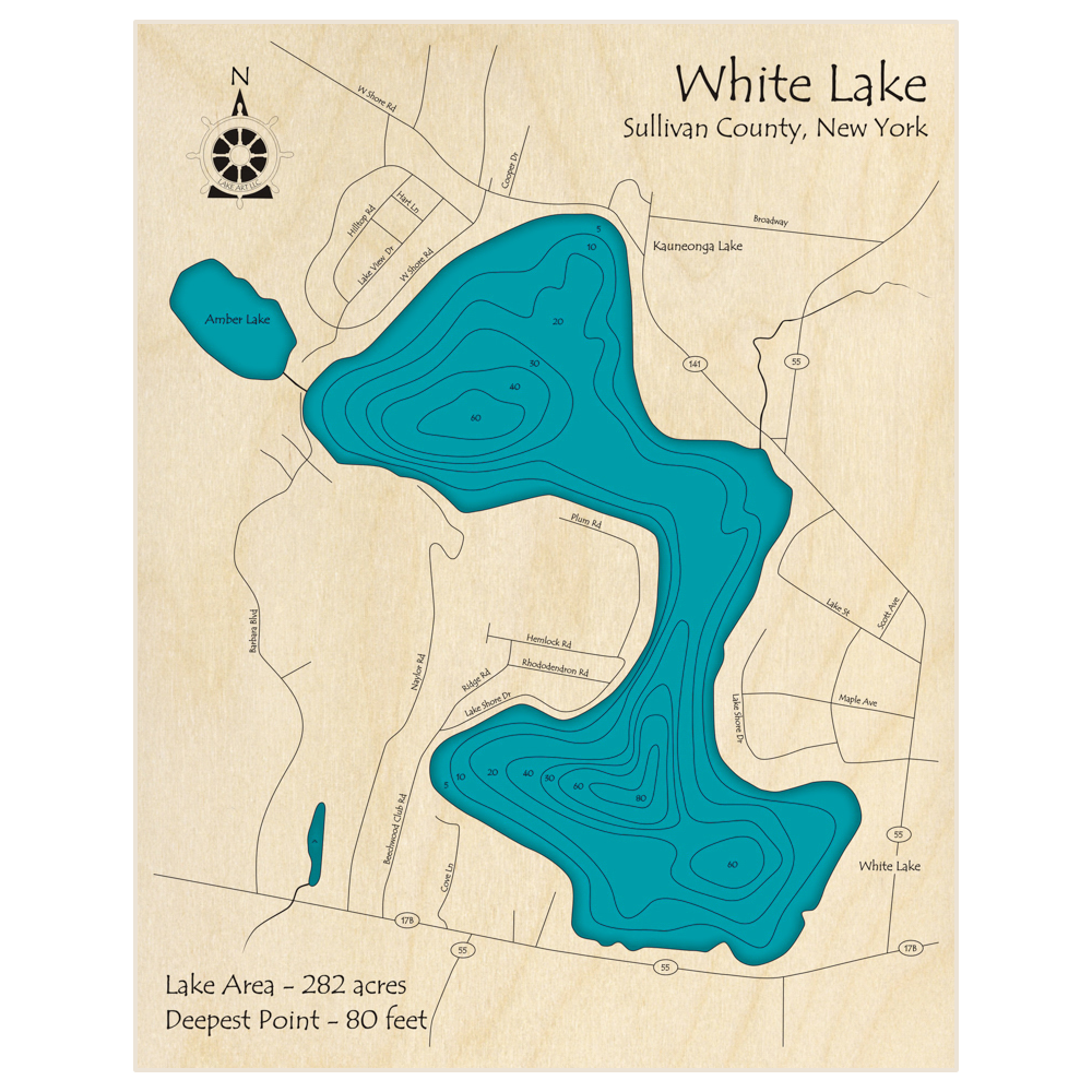 Bathymetric topo map of White Lake with roads, towns and depths noted in blue water