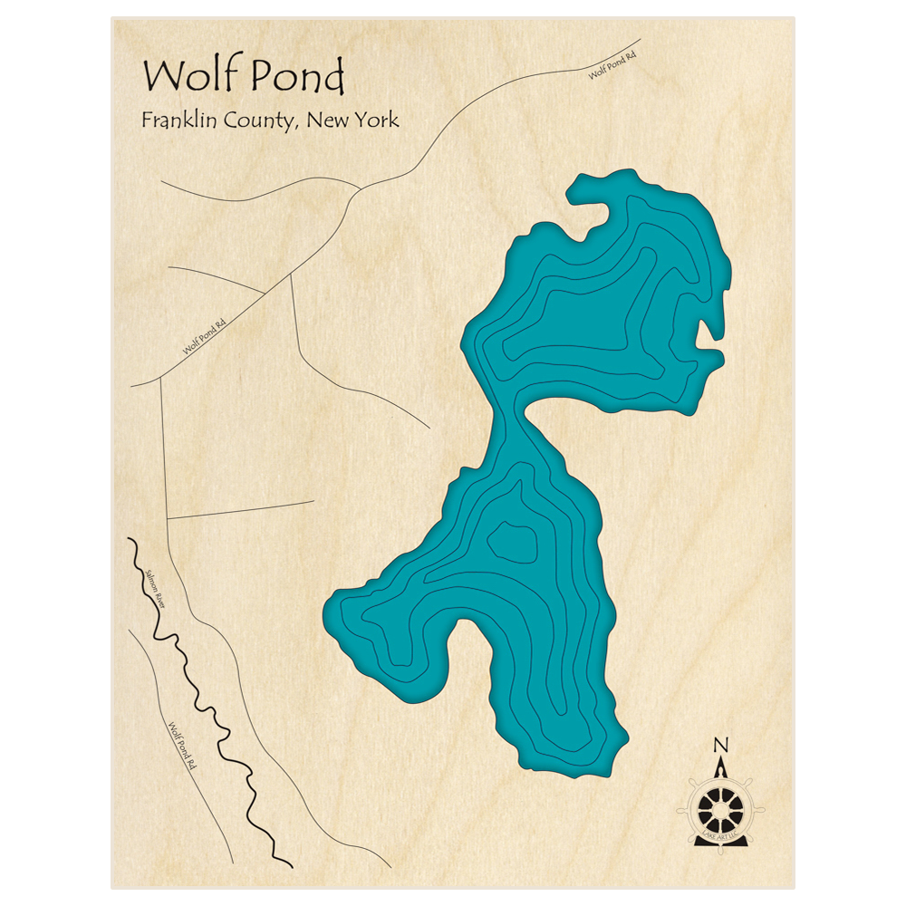 Bathymetric topo map of Wolf Pond (ZIP 12989) with roads, towns and depths noted in blue water