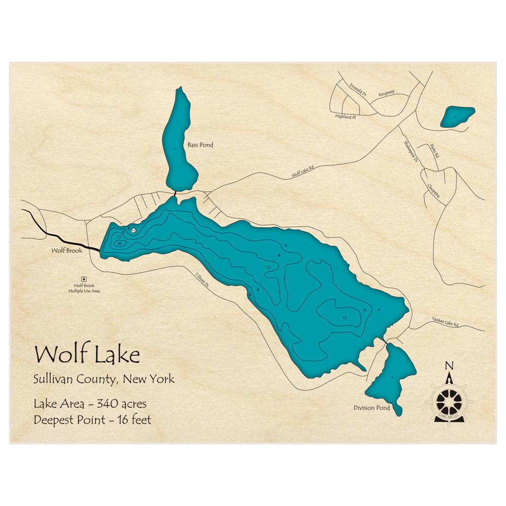 Bathymetric topo map of Wolf Lake with roads, towns and depths noted in blue water