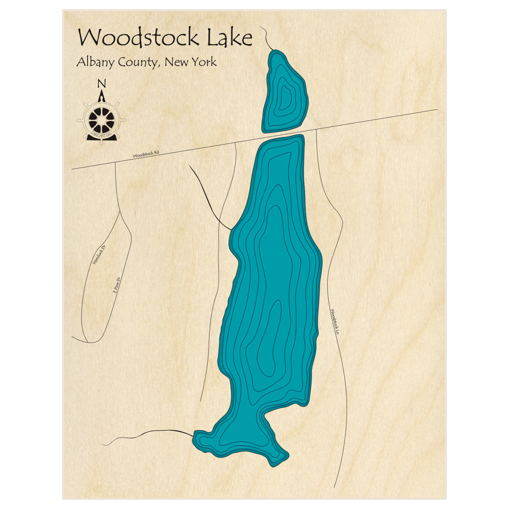 Bathymetric topo map of Woodstock Lake  with roads, towns and depths noted in blue water