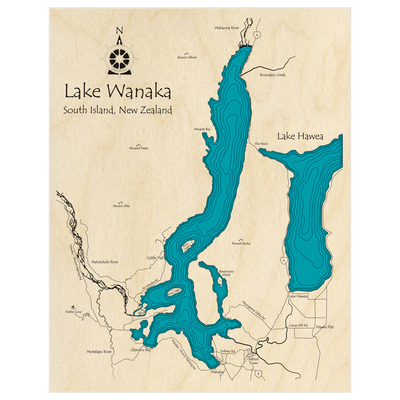 Bathymetric topo map of Lake Wanaka  with roads, towns and depths noted in blue water