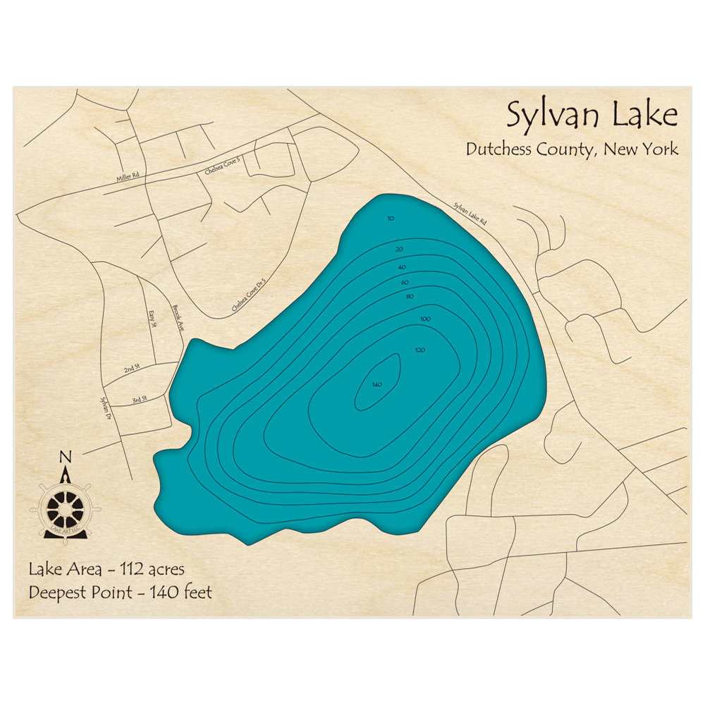 Bathymetric topo map of Sylvan Lake with roads, towns and depths noted in blue water