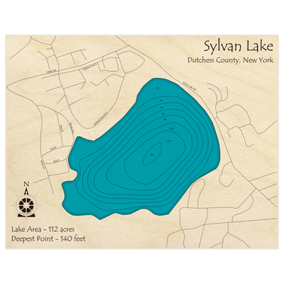 Bathymetric topo map of Sylvan Lake with roads, towns and depths noted in blue water