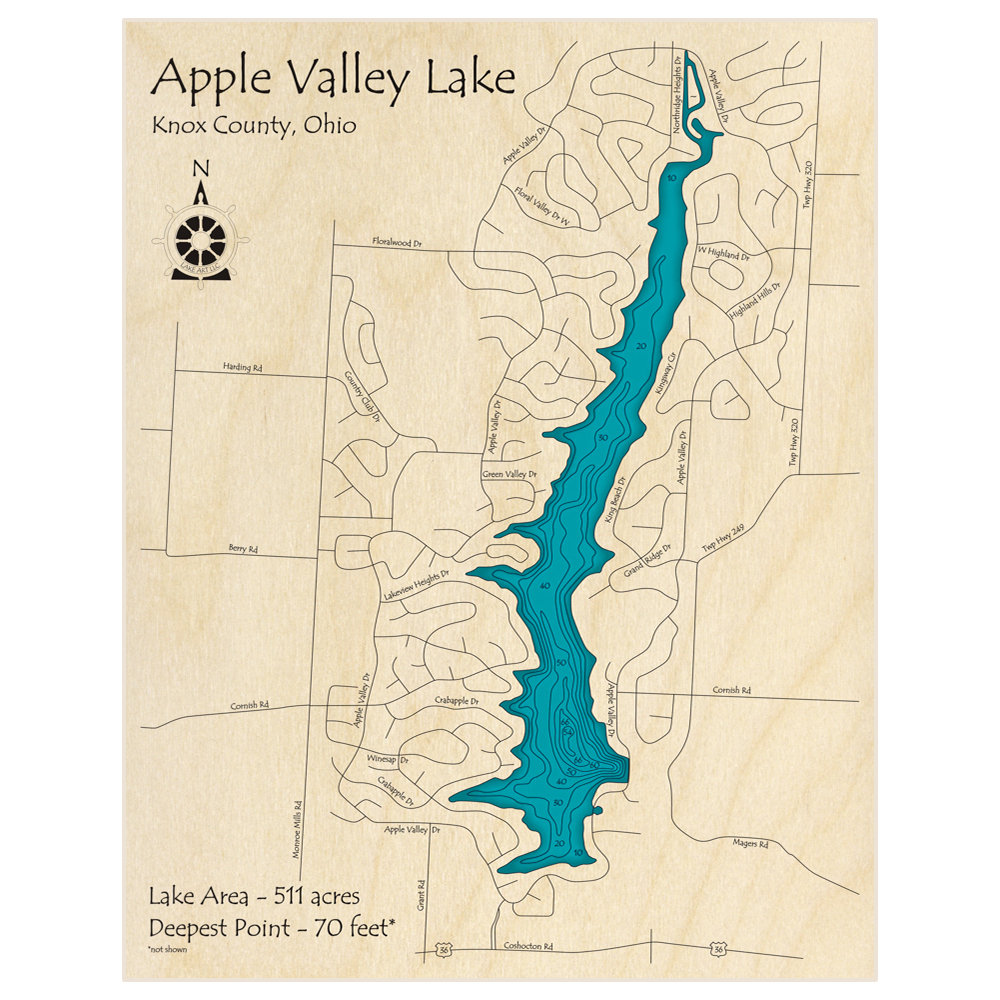 Bathymetric topo map of Apple Valley Lake with roads, towns and depths noted in blue water