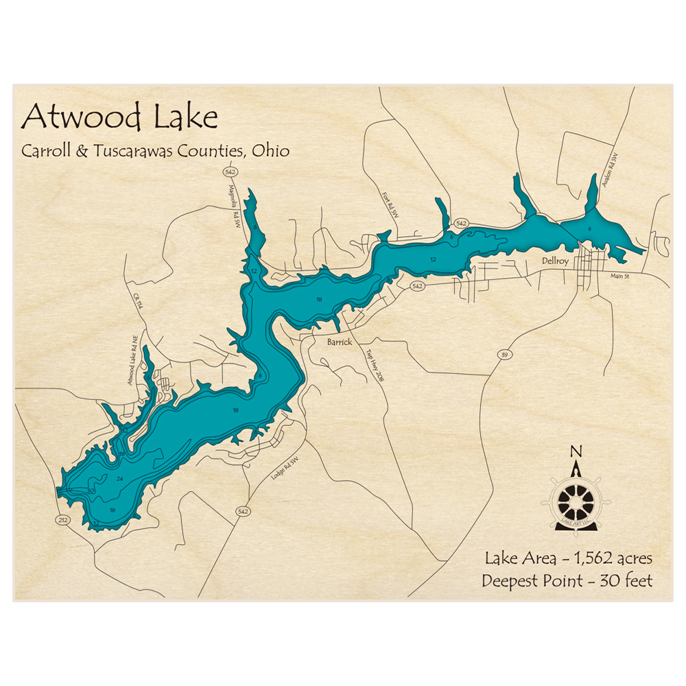 Bathymetric topo map of Atwood Lake with roads, towns and depths noted in blue water