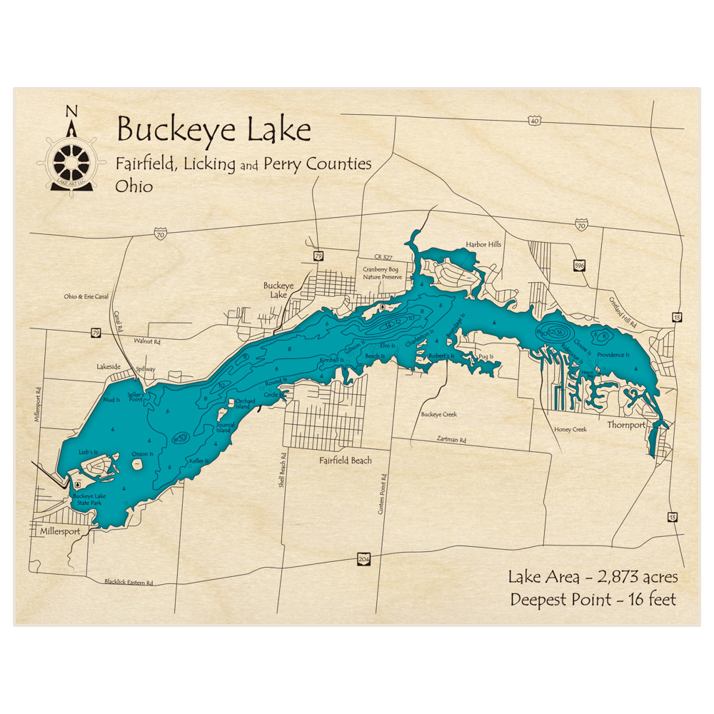 Buckeye Lake 3D Custom Wood Map – Lake Art LLC