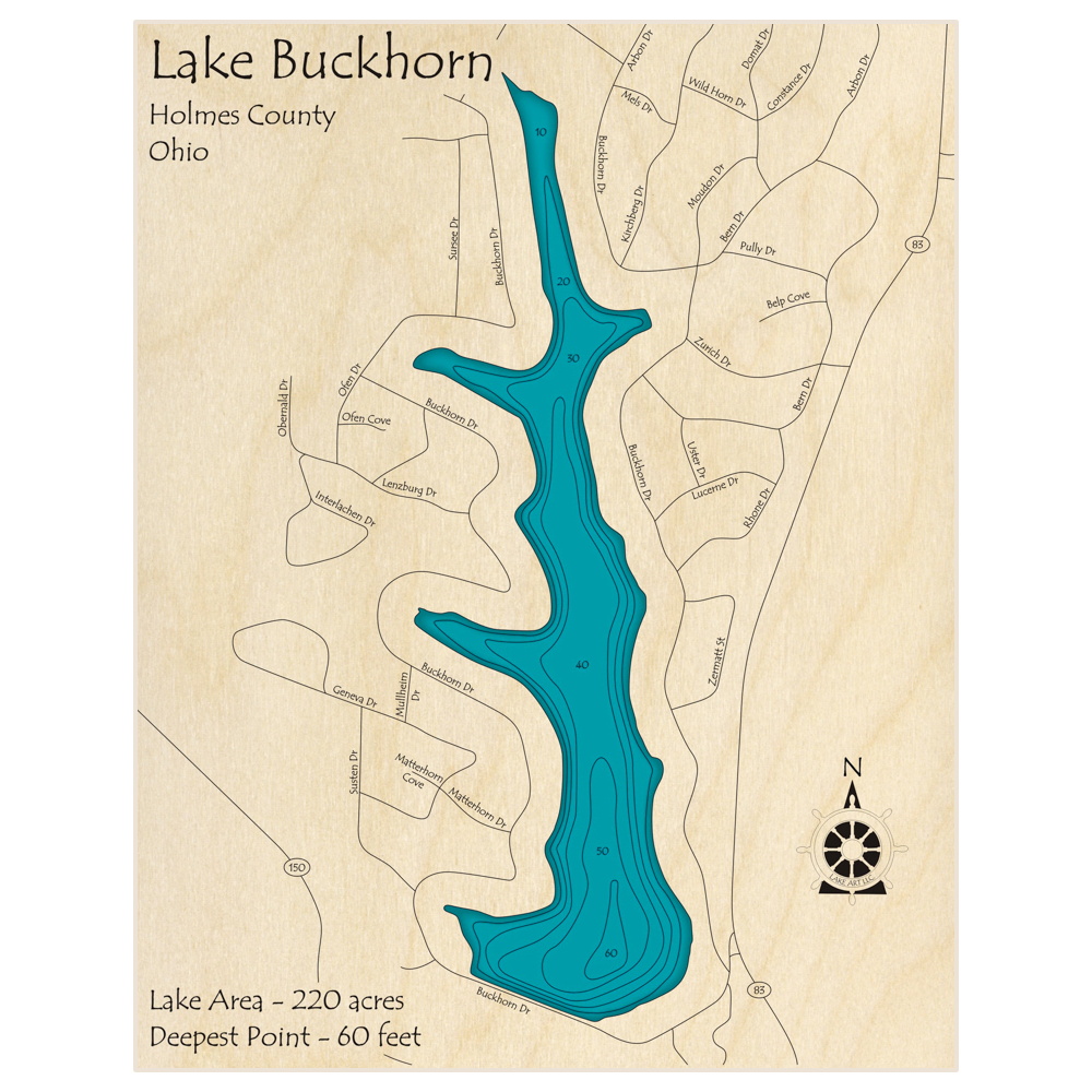 Bathymetric topo map of Lake Buckhorn with roads, towns and depths noted in blue water