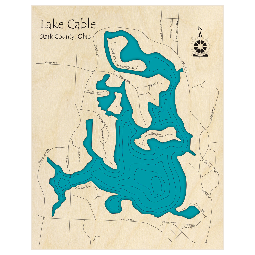 Bathymetric topo map of Lake Cable  with roads, towns and depths noted in blue water