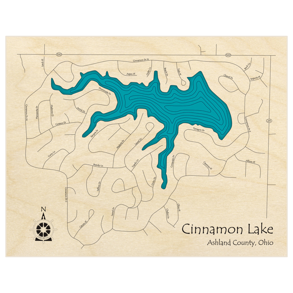 Bathymetric topo map of Cinnamon Lake  with roads, towns and depths noted in blue water