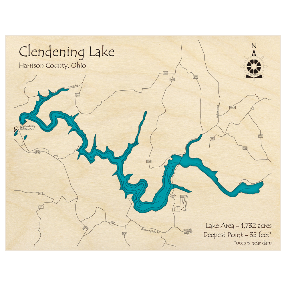 Bathymetric topo map of Clendening Lake with roads, towns and depths noted in blue water