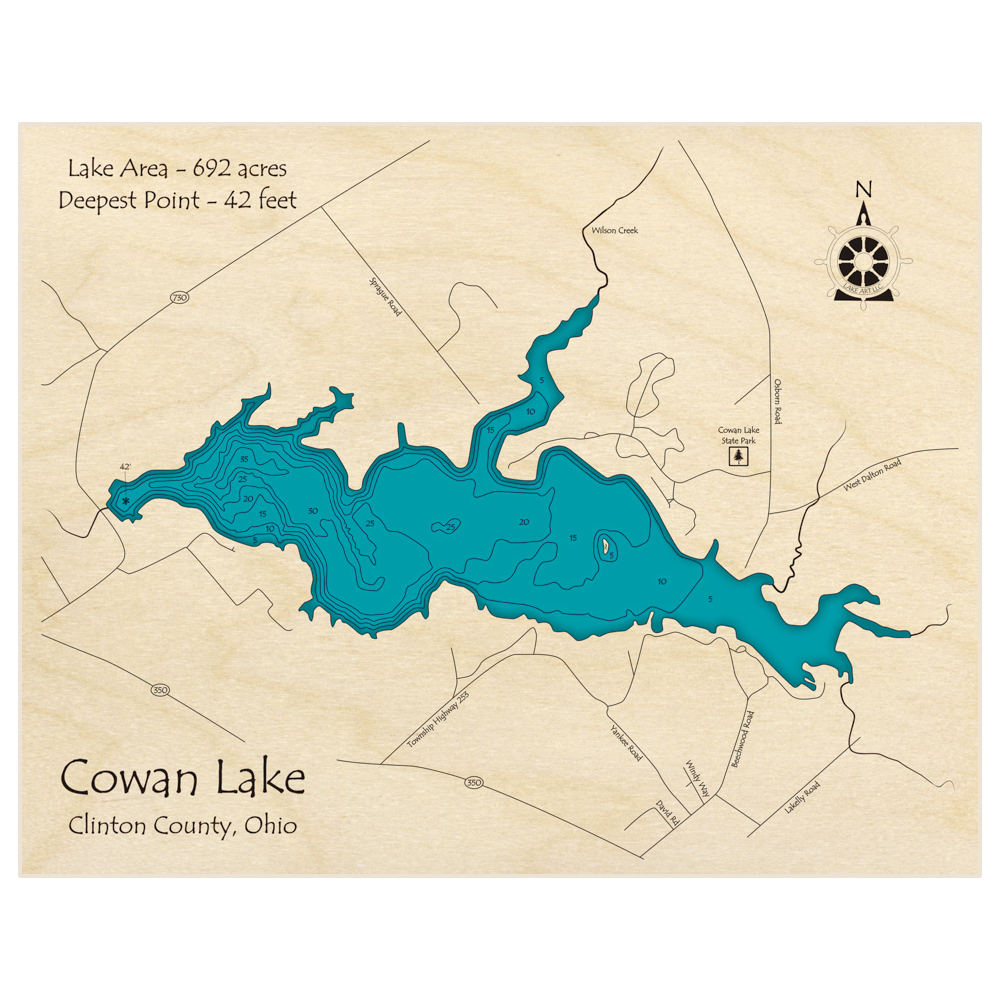 Bathymetric topo map of Cowan Lake with roads, towns and depths noted in blue water