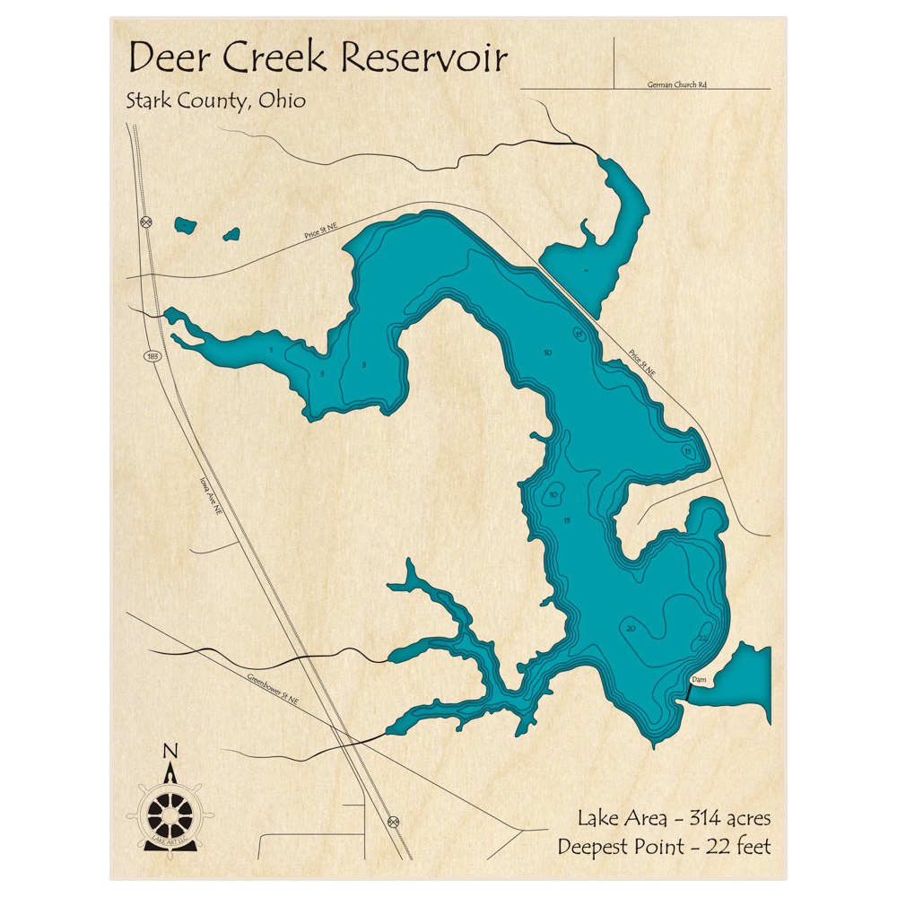 Bathymetric topo map of Deer Creek Reservoir with roads, towns and depths noted in blue water