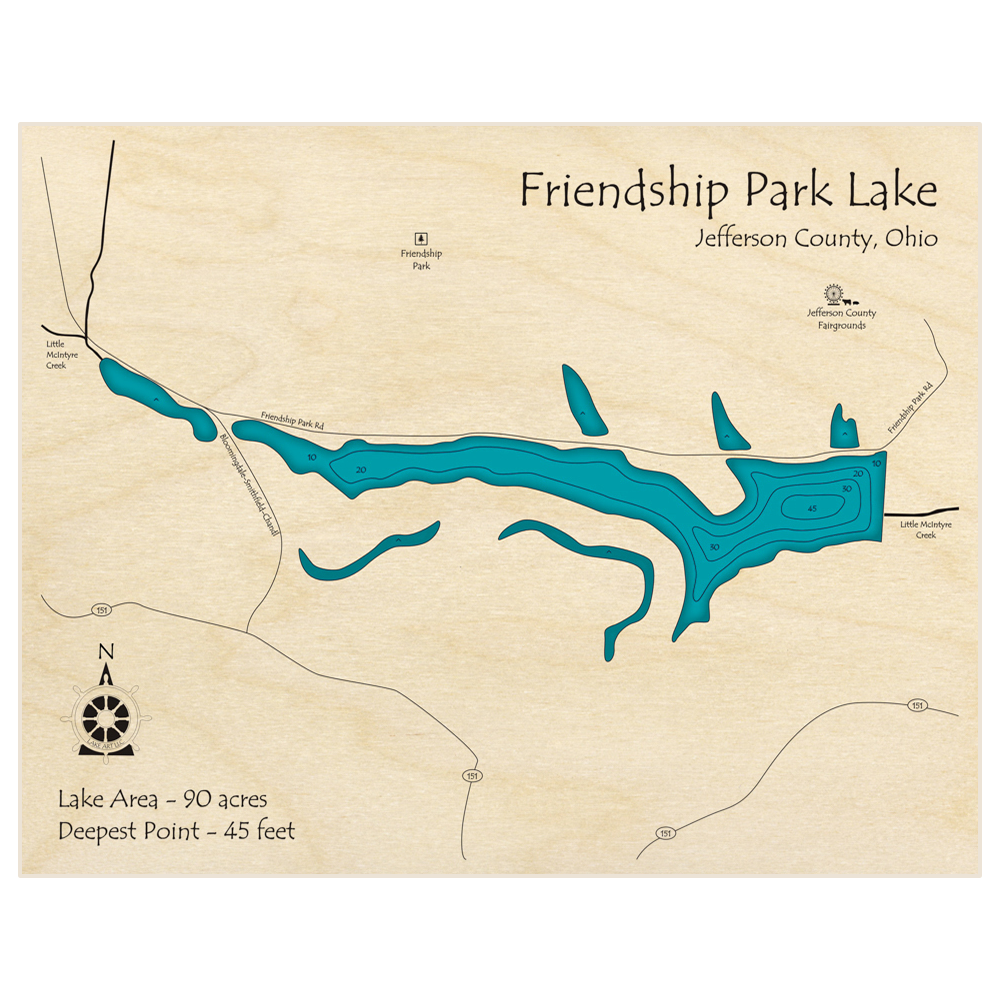 Bathymetric topo map of Friendship Park Lake with roads, towns and depths noted in blue water