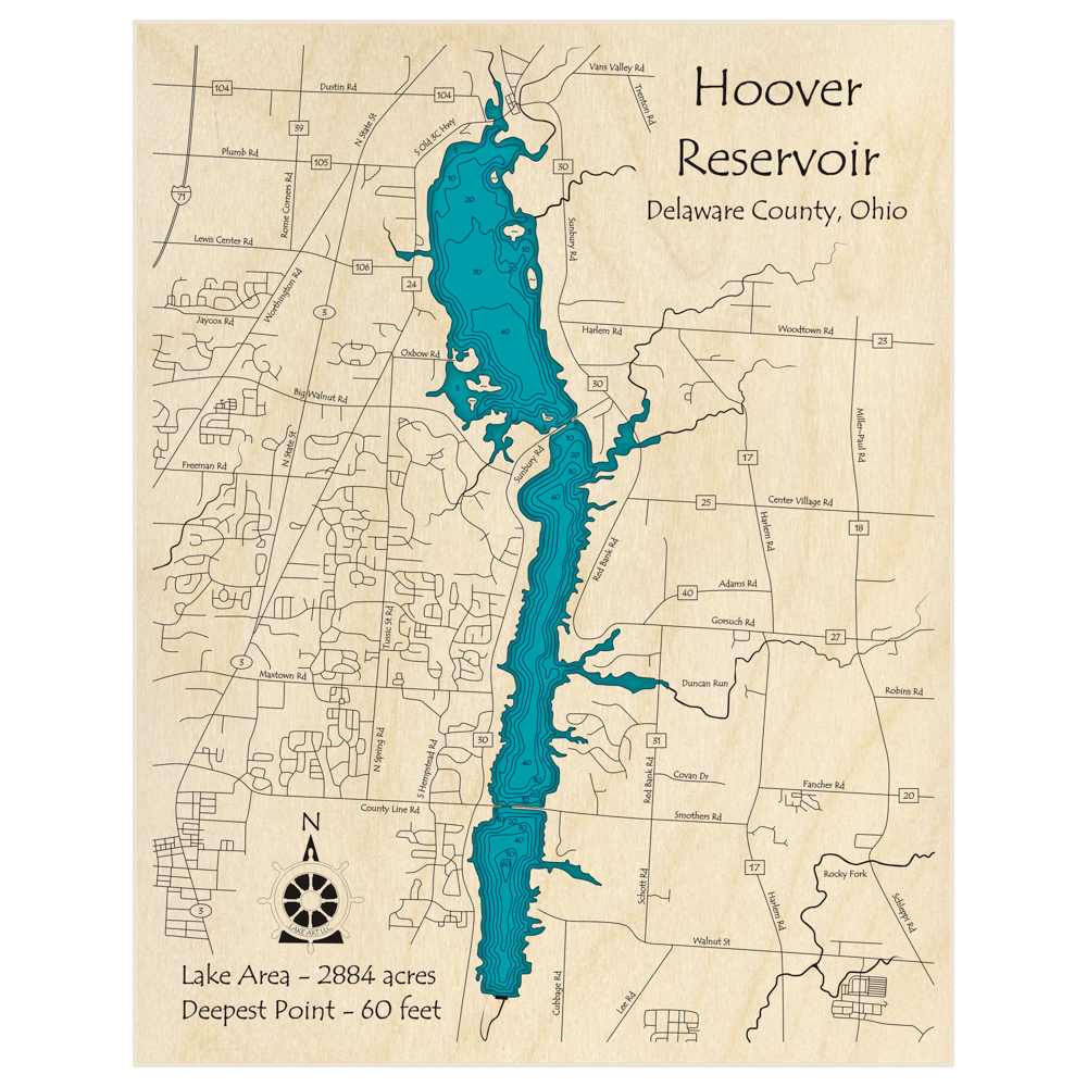 Bathymetric topo map of Hoover Reservoir with roads, towns and depths noted in blue water