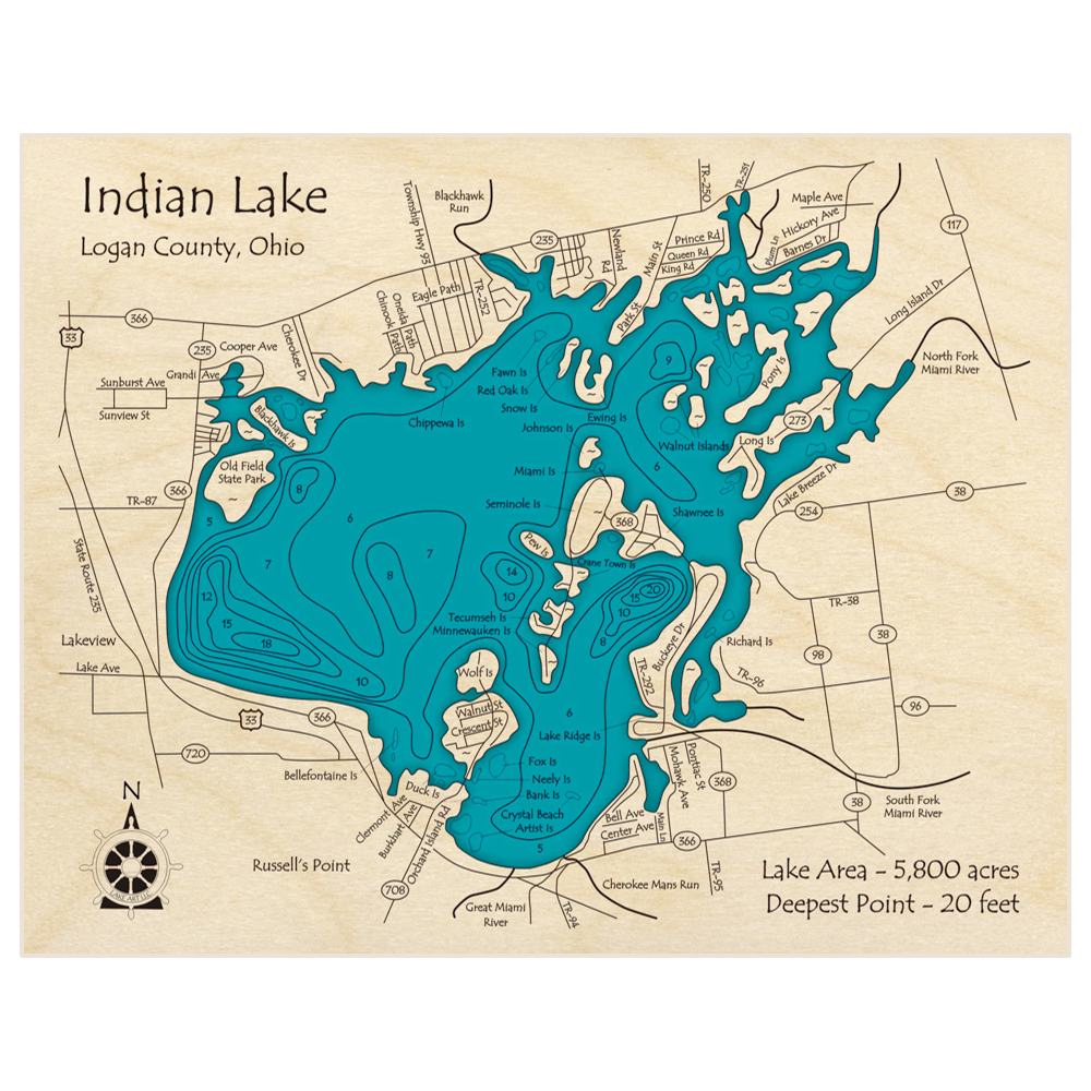 Bathymetric topo map of Indian Lake with roads, towns and depths noted in blue water