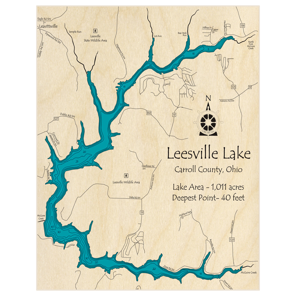 Bathymetric topo map of Leesville Lake with roads, towns and depths noted in blue water