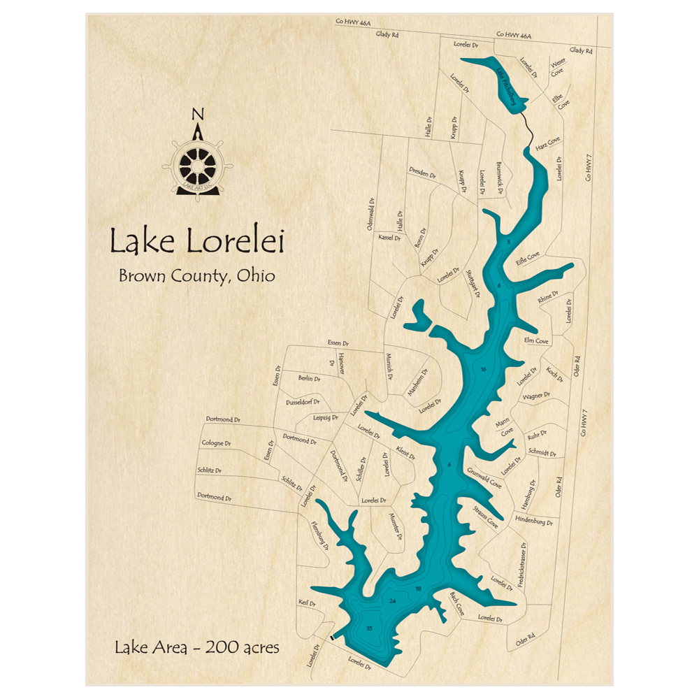 Bathymetric topo map of Lake Lorelei with roads, towns and depths noted in blue water