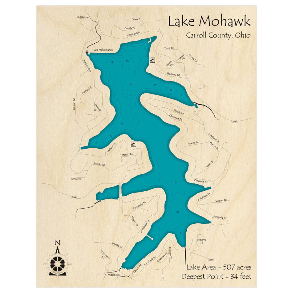 Bathymetric topo map of Lake Mohawk with roads, towns and depths noted in blue water