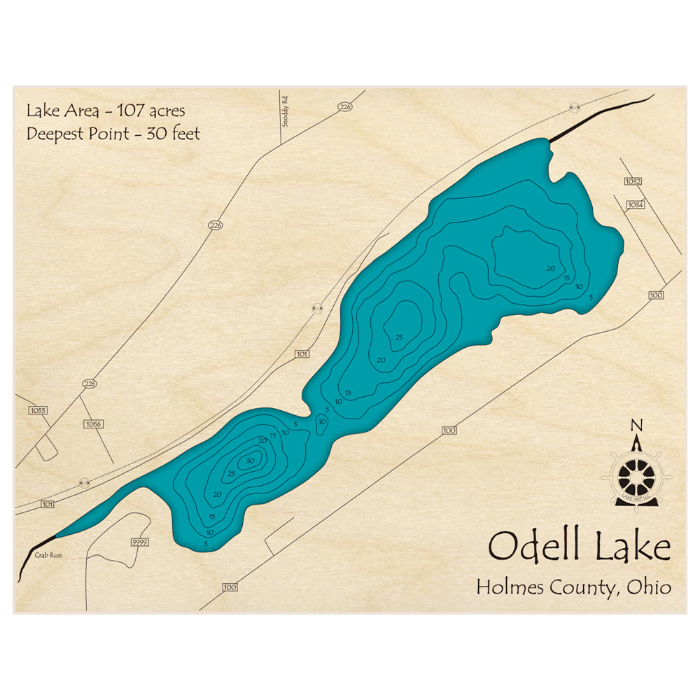 Bathymetric topo map of Odell Lake with roads, towns and depths noted in blue water