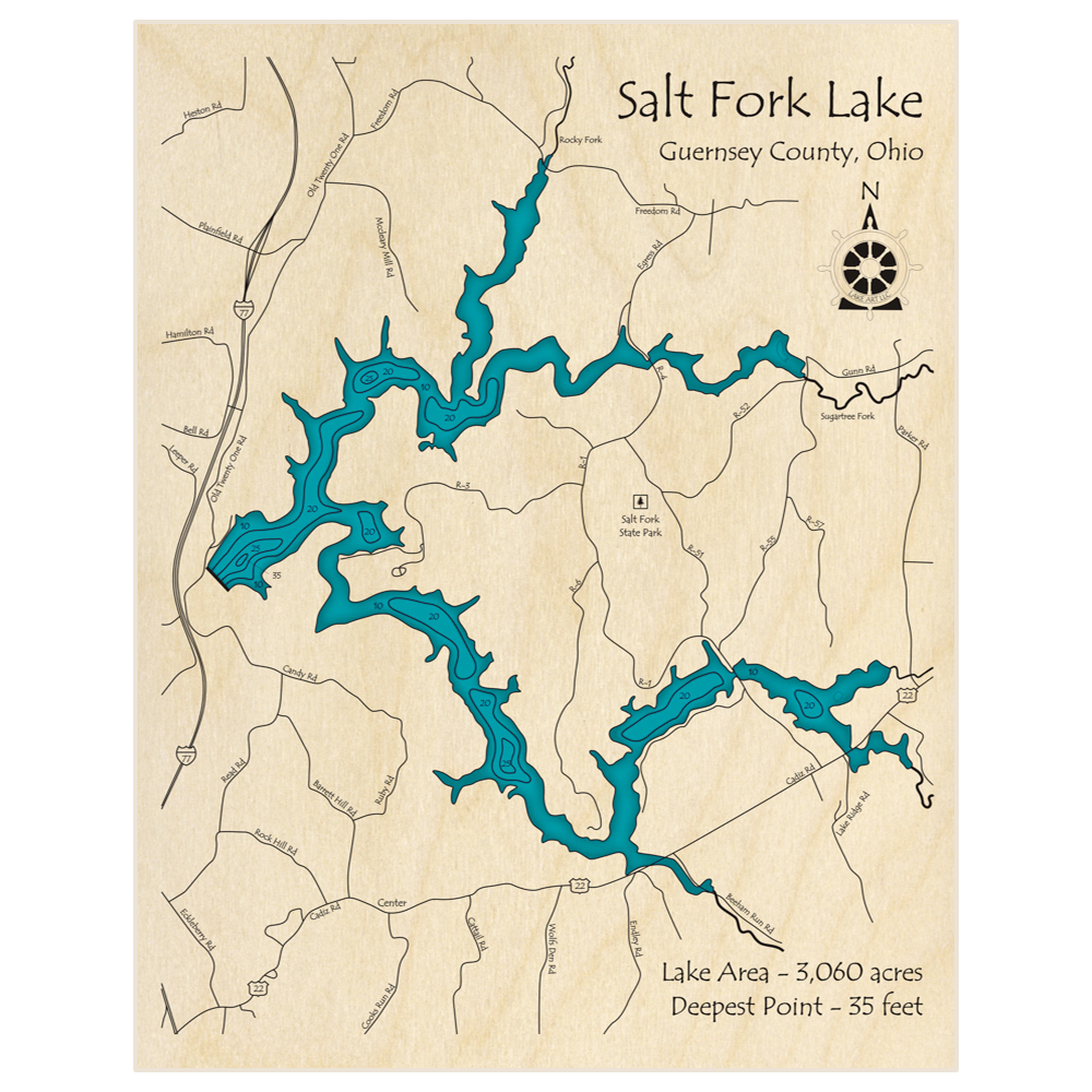 Bathymetric topo map of Salt Fork Lake with roads, towns and depths noted in blue water