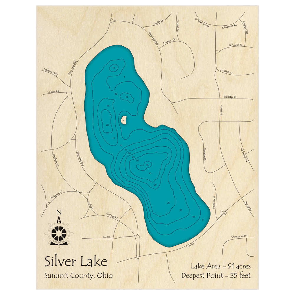 Bathymetric topo map of Silver Lake with roads, towns and depths noted in blue water