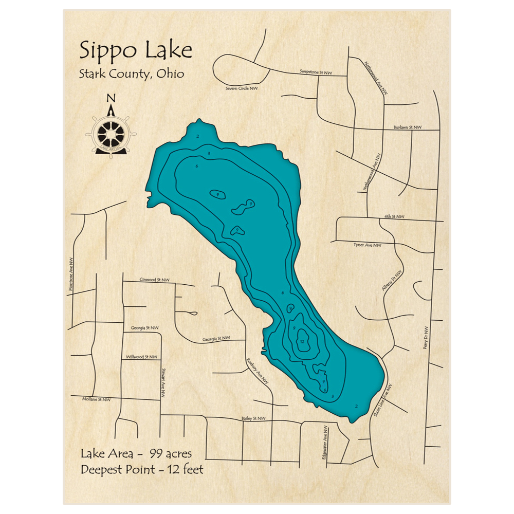 Bathymetric topo map of Sippo Lake with roads, towns and depths noted in blue water