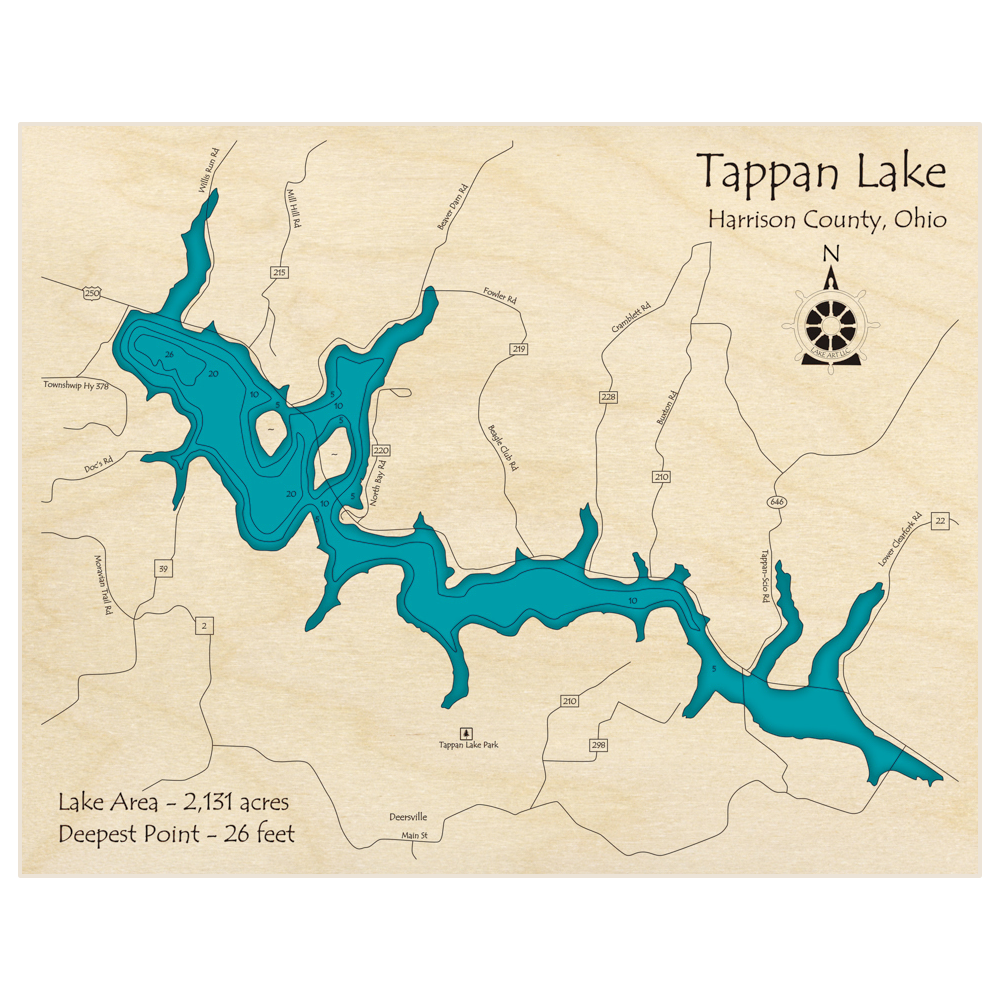 Bathymetric topo map of Tappan Lake with roads, towns and depths noted in blue water