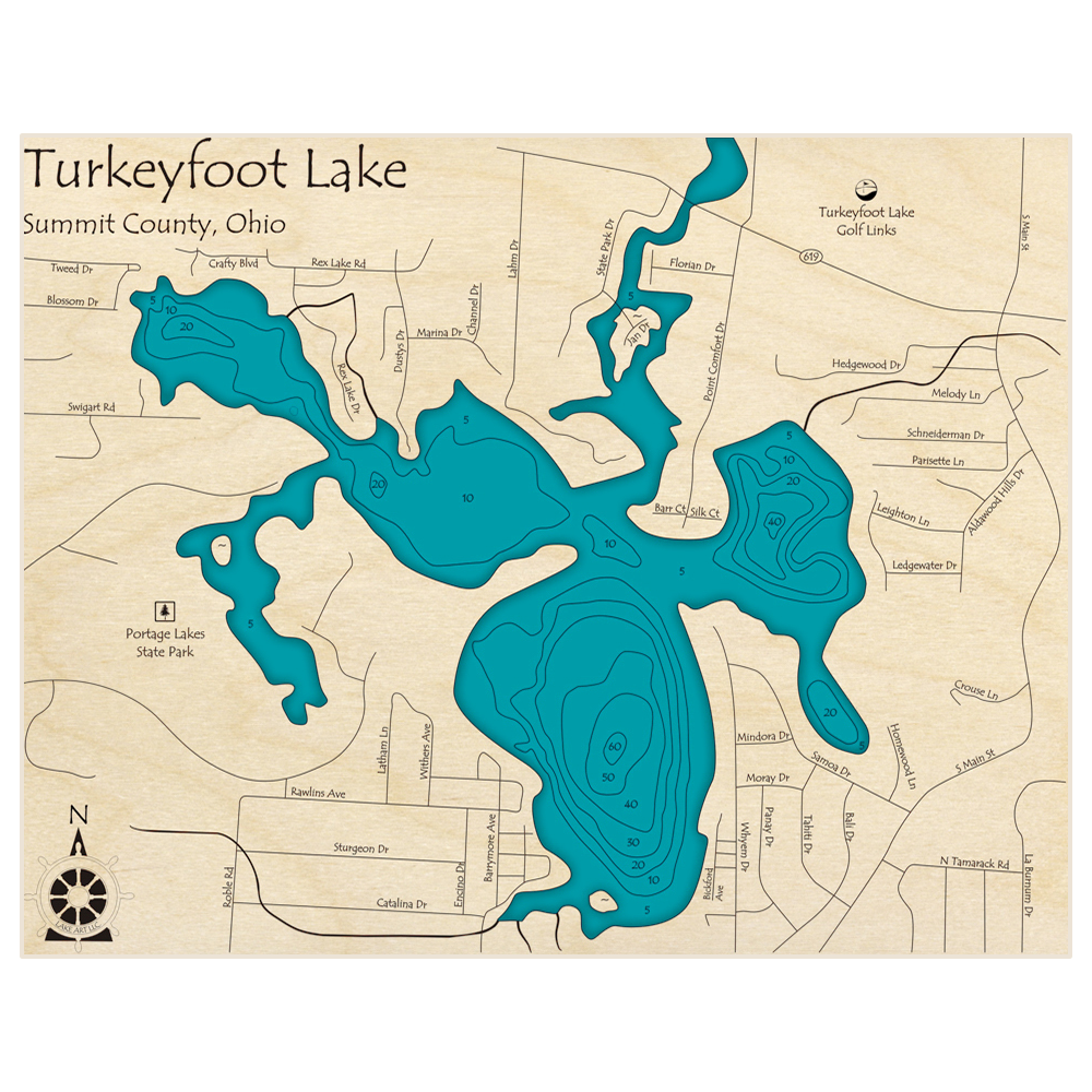 Bathymetric topo map of Turkeyfoot Lake with roads, towns and depths noted in blue water