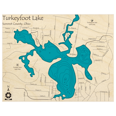 Bathymetric topo map of Turkeyfoot Lake with roads, towns and depths noted in blue water