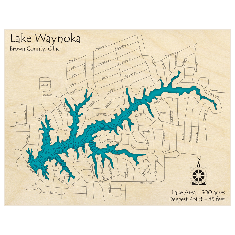 Bathymetric topo map of Lake Waynoka with roads, towns and depths noted in blue water