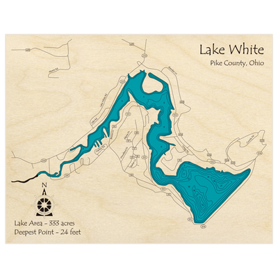 Bathymetric topo map of White Lake with roads, towns and depths noted in blue water